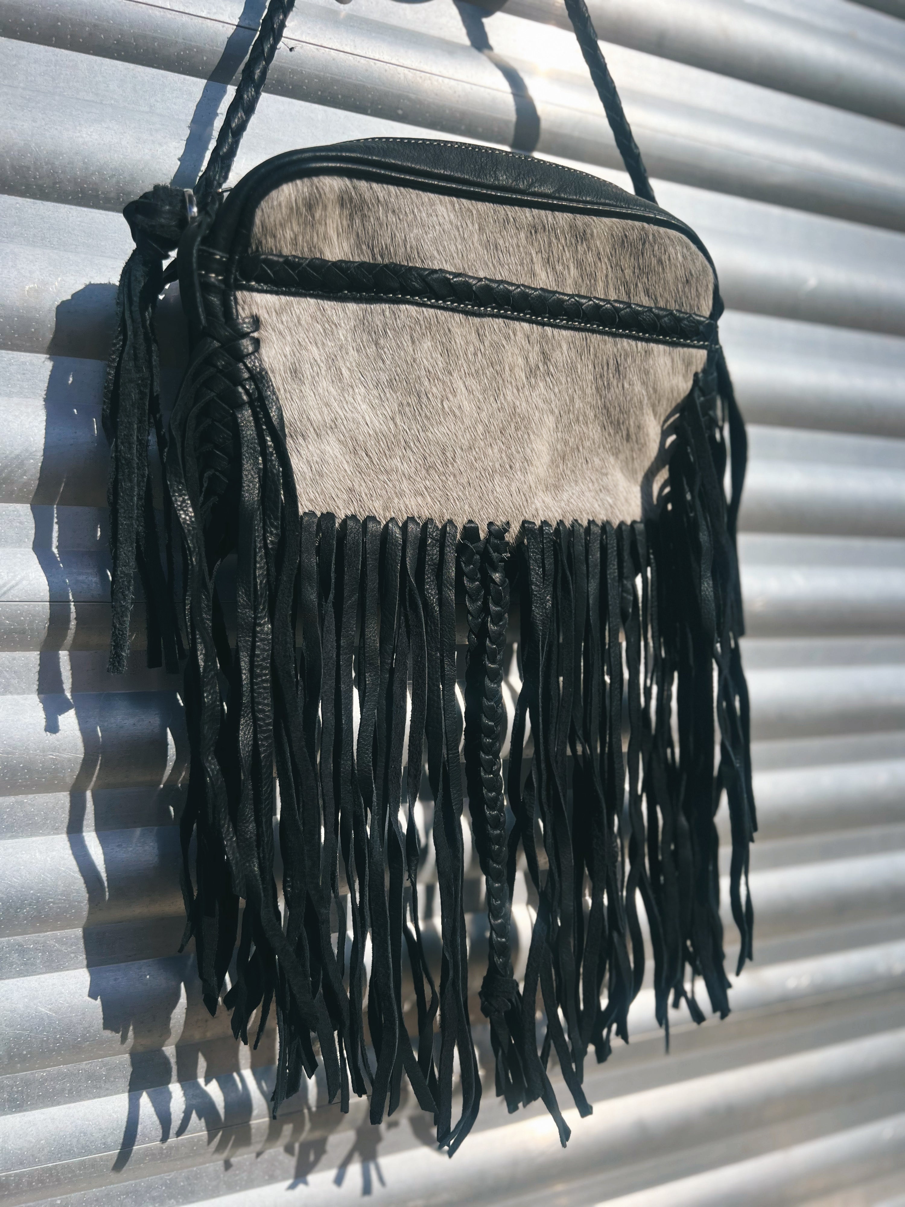 Black & White Cowhide Fringe Handbag
